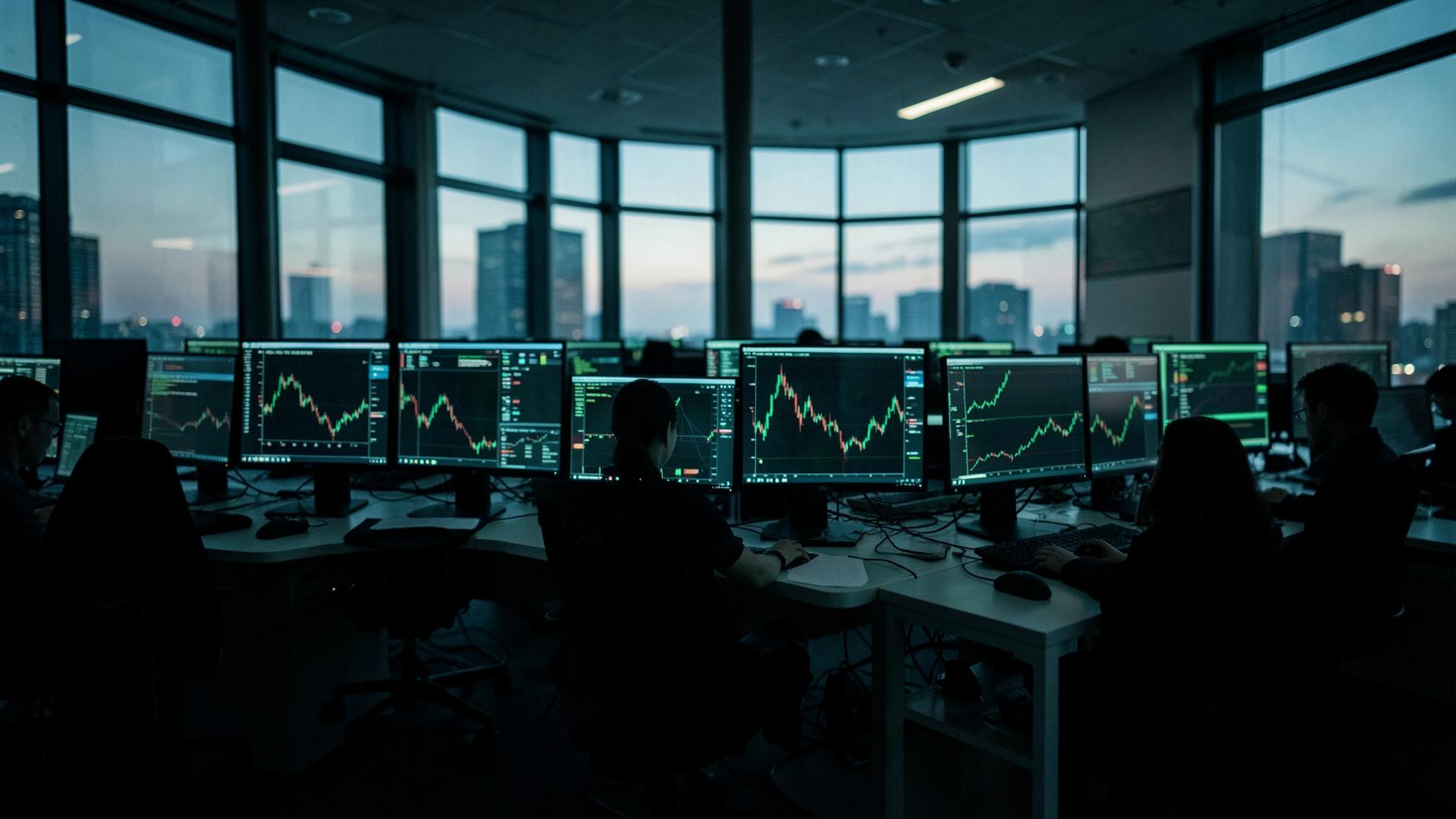 A quantitative trading floor at dusk, monitors glowing with market charts