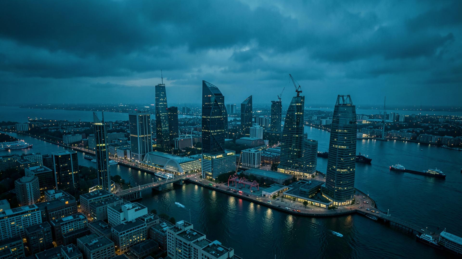 A financial district skyline at blue hour