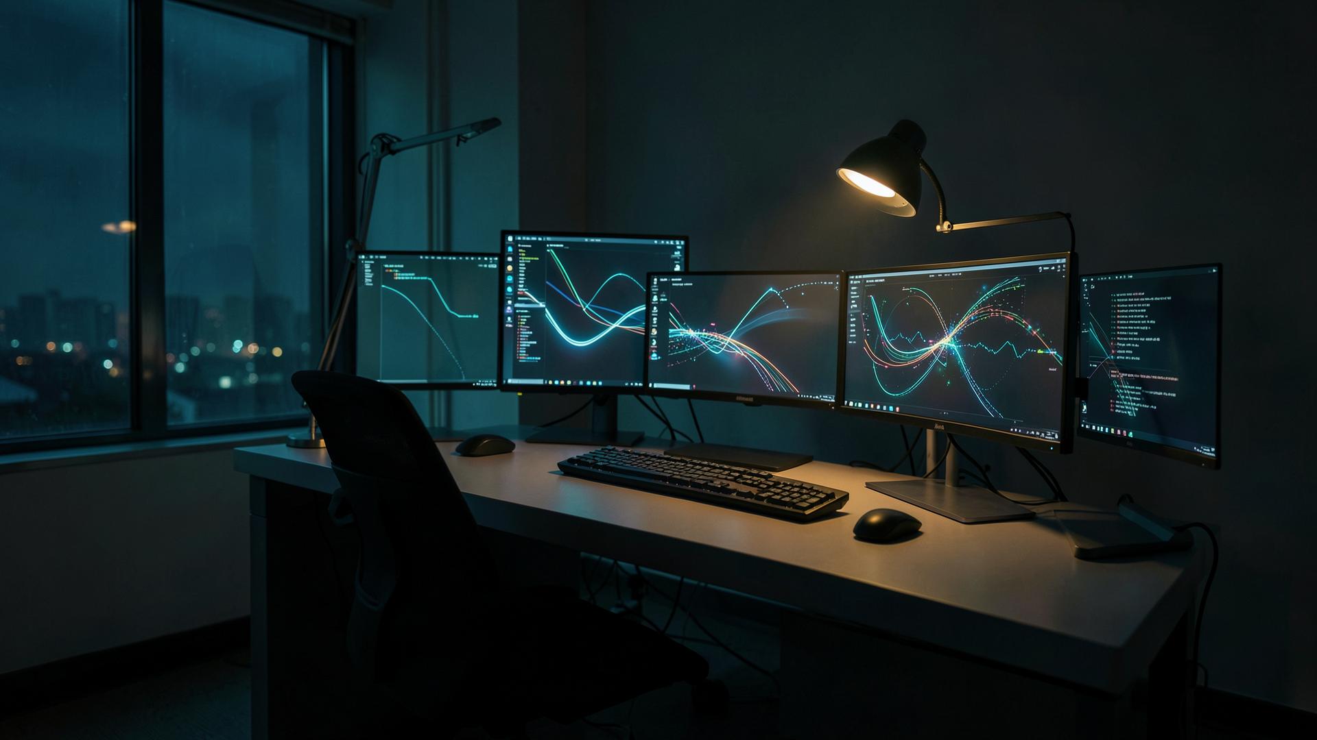 Research desk reviewing quant hiring data across multiple screens