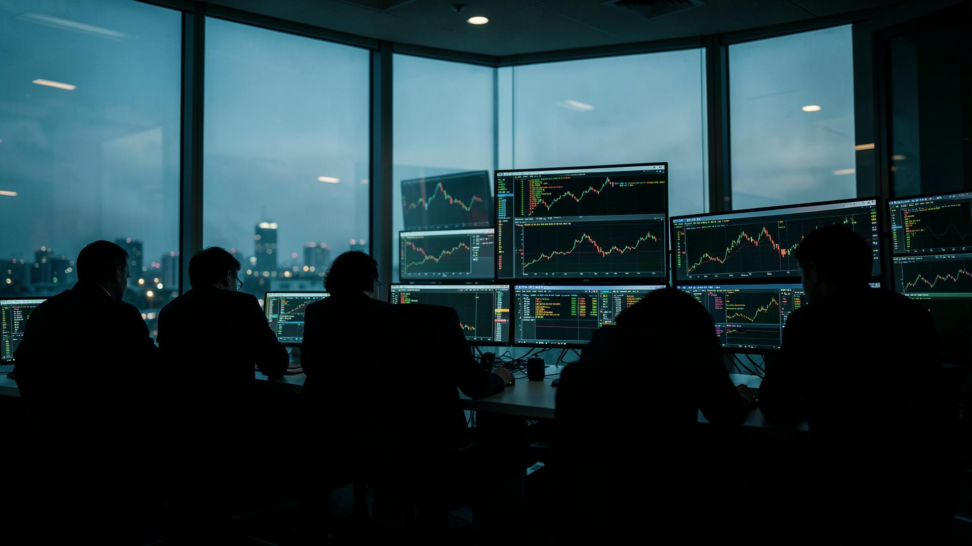 A quantitative trading desk at dusk, monitors glowing against the city skyline